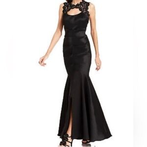 XSCAPE Black Ruched Taffeta  Lace Evening Gown 6 Red Carpet Formal Long Gown